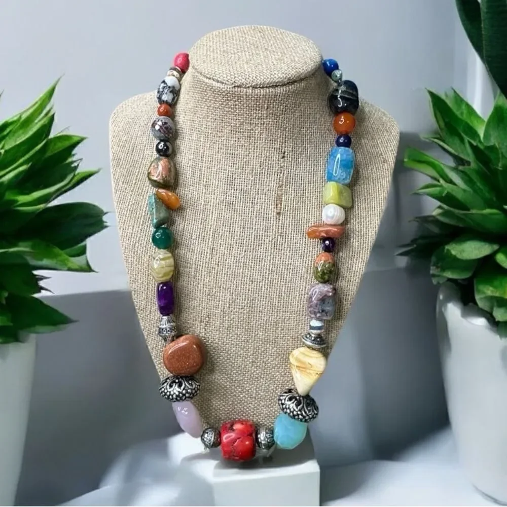 Handmade Genuine Multi Gemstone Chunky Beads Blessingway Necklace 22” 925 Silver